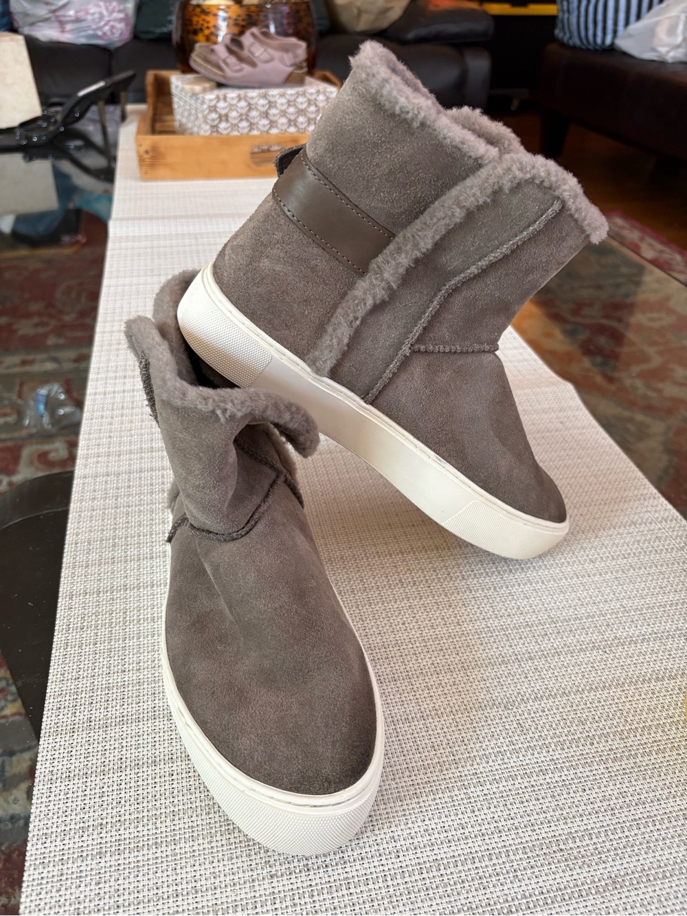 UGG Women's Taupe Suede Shearling-Lined Ankle Bootie with Buckle. SUZE 8/39